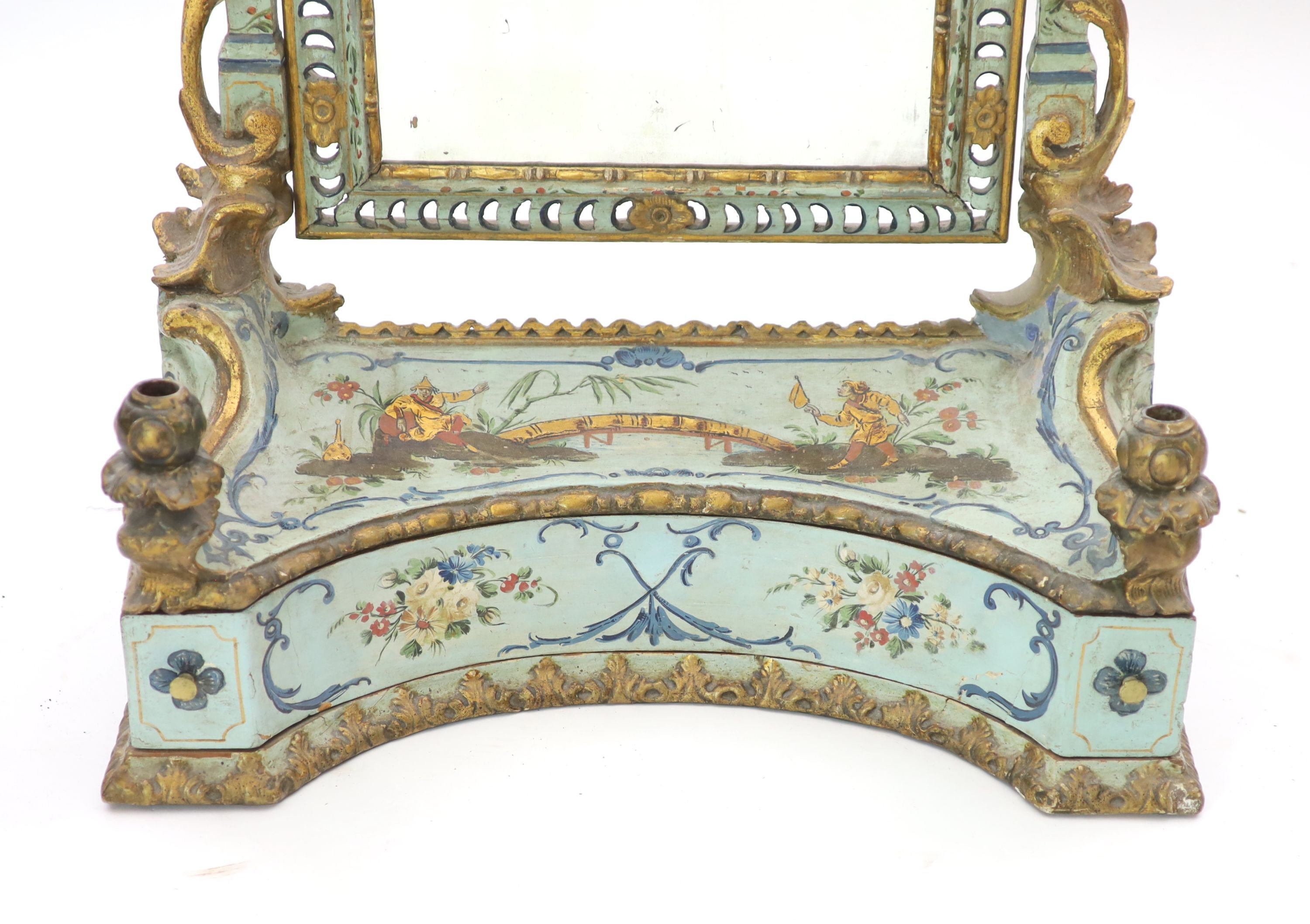 An 18th century Venetian painted pine toilet mirror H 90cm. W 64cm. D 26cm.